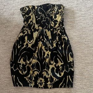 H&M Strapless Dress Size 6 Black Gold Damask Cocktail Party Dress, Zip Up